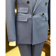 İtalyan stil düğme detaylı ceket pantolon erkek takım elbise mavi T11229
