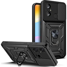 MTK Moveteck Xiaomi Redmi 12C Kılıf Kamera Korumalı Sürgülü Yüzüklü Standlı Military Armor Zırh Tank Pars Kapak Sert Silikon Kızaklı Telefon Kılıfı Mıknatıslı 360 Dönen Yüzüklü