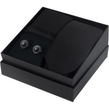 Esgue Siyah Kol Düğmesi Hand Made 7.5 cm Çizgili Desen Siyah Kravat Mendil Kutulu Hediye Seti