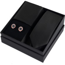 Esgue Siyah-Bakır Kol Düğmesi Hand Made 6 cm Slim Kravat Mendil Kutulu Hediye Seti
