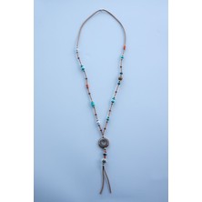 Lila Rosa Etnik Otantik Deri Uzun Kolye