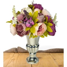 Nettenevime Yapay Çiçek Aranjmanı Mor Pembe Gülkurusu Rengi Gümüş Cam Vazoda Nişan Çiçeği Isteme Çiçeği