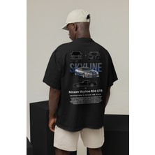 Swozz Unisex Oversize Nissan Skyline Ön ve Sırt Baskılı Siyah T-Shirt