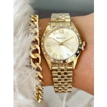 Ferrucci Çelik Kordon Gold Şık Kadın Kol Saat+Bileklik