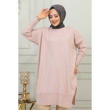 Pudra Bisiklet Yaka Merserize Salaş Triko Tunik