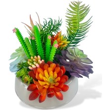 Nettenevime Yapay Çiçek Kaktüs Sukulent Aranjmanı Mokka Renk Plastik Saksıda 10 Adet Karışık Model Skulent