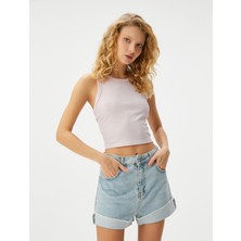Koton Parlak Crop Atlet Bisiklet Yaka Kolsuz Slim Fit Ribanalı