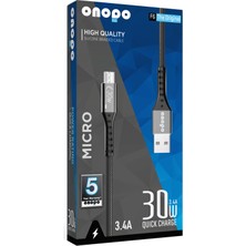 Onopo 3.4A Micro Örgülü Hızlı Şarj ve Data Kablosu 30W Metal Uçlu ( 5 Yıl Garanti Güvencesiyle )- F6