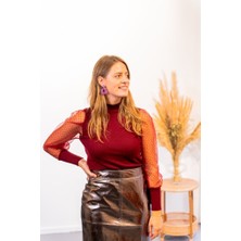 Stock Mount Kadınkolu Tül Detaylı Yarım Balıkçı Kaşkorse Bluz