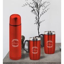 Bk Gift Kişiye Özel Deri Çantalı Kırmızı Seyahat Termosu ve Ikili Termos Mug Hediye Seti - 5