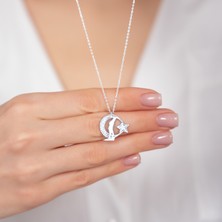 Hom Silver Jewelry 925 Ayar Gümüş Zirkon Taş Işlemeli Atatürk Motifli Ay Yıldız Kadın Kolye HSJ0005