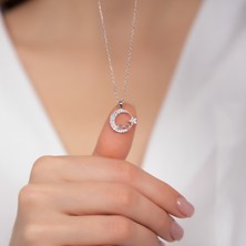 Hom Silver Jewelry 925 Ayar Gümüş Zirkon Taş Işlemeli Ay Yıldızlı Sonsuzluk Kadın Kolye HSJ0004