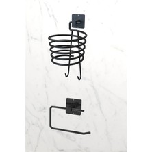 Alsi Home Yapışkanlı Siyah Fön Makinesi Askısı Tuvalet Wc Kağıtlık Pratik 2'li Set