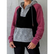 Mamayaga Kadın Üç Renkli Kanguru Cepli Kapüşonlu Spor Şık Oversize Sweatshirt