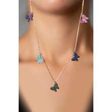 Papatya Silver 925 Ayar Gümüş Rose Kaplama Sıralı Renkli Kelebek Kolye