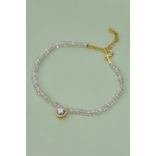 Papatya Silver 925 Ayar Gümüş Gold Kaplama Beyaz Boncuklu, Tek Taşlı Bileklik