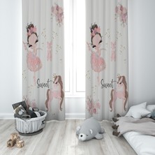 Talia Home Bej Balerin Kız ve Unicorn Desenli Çocuk ve Bebek Odası Fon Perdesi 2 Kanat TLA-258
