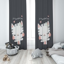 Talia Home Kedi Baskılı Çocuk ve Bebek Odası Fon Perdesi 2 Kanat TLA-245