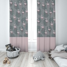 Talia Home Gri Flamingo Desenli Çocuk ve Bebek Odası Fon Perdesi 2 Kanat TLA-252