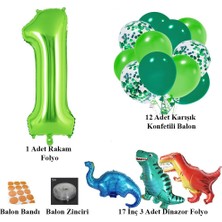 Patladı Gitti 1 Yaş Dinazor Set; Rakam Folyo, 3 Adet Mini Dinazor ve 10 Lu Balon