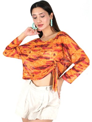 Meskan Tekstil Transparan Turuncu Desenli Büzgü Detaylı Oversize Crop Top