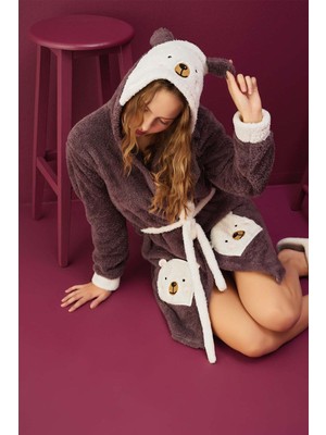 Merimu Merimu kadın Kışlık Sabahlık Polar Pijama Üstü Kuşaklı Desenli Cepli TP8600