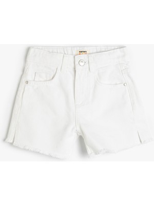 Koton Yırtmaç Detaylı Cepli Pamuklu Kot Şort Kız Çocuk İçin Beyaz Renkli Rahat Kesim