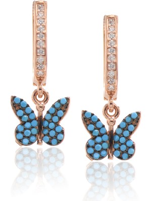 Midyat Nurtaş Gümüş Kelebek Model Firuze Taşlı Rose Kaplama Bayan Gümüş Küpe 201022757