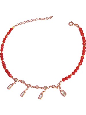 Mistik Silver Mercan Taşlı Sallantılı Gümüş Halhal - Rose
