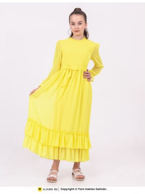 Ramon & Artos Tül Uzunkol Eteği Katlı Büzgülü Şifon Kız Elbise