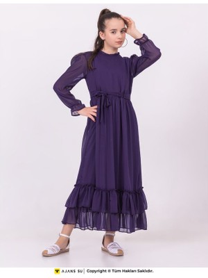 Ramon & Artos Tül Uzunkol Eteği Katlı Büzgülü Şifon Kız Elbise