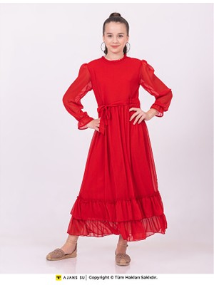 Ramon & Artos Tül Uzunkol Eteği Katlı Büzgülü Şifon Kız Elbise