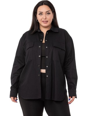 Disentis Modest Büyük Beden Kapaklı Cepli Çıtçıtlı Gabardin Siyah Ceket Gömlek