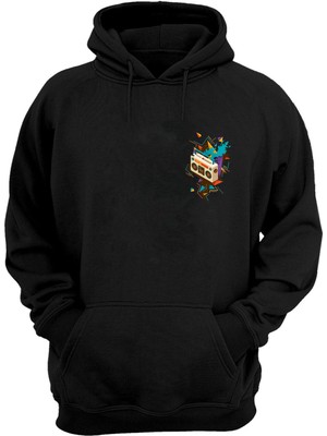 The Wert Unisex Renkli Radyo Baskılı Siyah Normal Kalıp Şardonlu Kalın Sweatshirt