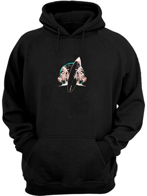 The Wert Unisex Sörf Tahtasıve Ağaçlar Baskılı Siyah Normal Kalıp Şardonlu Kalın Sweatshirt