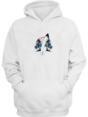 The Wert Unisex Sörf Tahtasıve Ağaçlar Baskılı Beyaz Normal Kalıp Şardonlu Kalın Sweatshirt