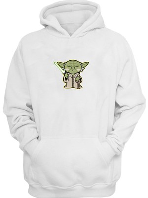 The Wert Unisex Yıldız Savaşları Ustası Yoda Baskılı Beyaz Normal Kalıp Şardonlu Kalın Sweatshirt