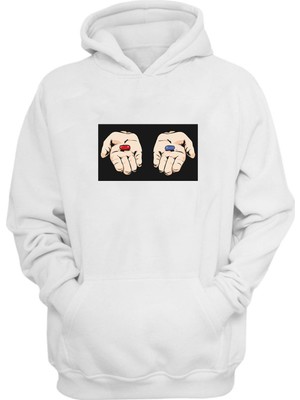 The Wert Unisex Red Pill Or Blue Pill Baskılı Beyaz Normal Kalıp Şardonlu Kalın Sweatshirt