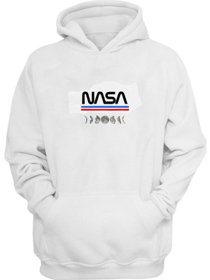 The Wert Unisex Nasa Ve Ay Baskılı Beyaz Normal Kalıp Şardonlu Kalın Sweatshirt
