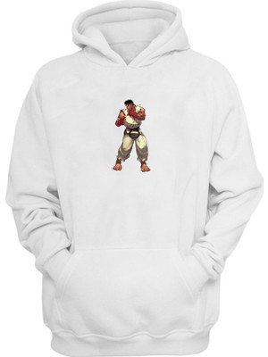 The Wert Unisex Sokak Dövüşçüsü Ryu Baskılı Beyaz Normal Kalıp Şardonlu Kalın Sweatshirt