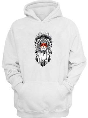 The Wert Unisex Woman Wearing War Bonnet Baskılı Beyaz Normal Kalıp Şardonlu Kalın Sweatshirt