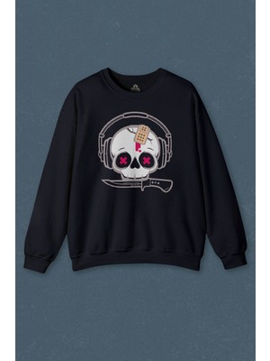 So Cool Müzik Dinleyen Kuru Kafa Kulaklık Bıçak Yara Bandı Skull Baskılı Unisex Sweat
