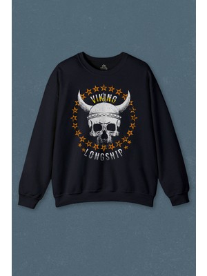 So Cool Viking Skull With Circle Of Stars Longship Kuru Kafa Baskılı Unisex Sweat