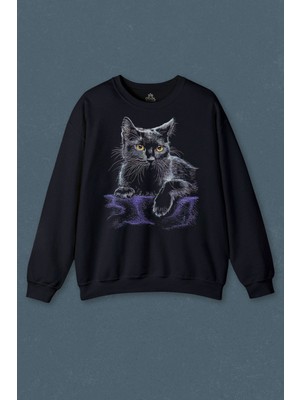 So Cool Mor Battaniye Üstünde Uzanan Sevimli Kedi Black Cat Baskılı Unisex Sweat