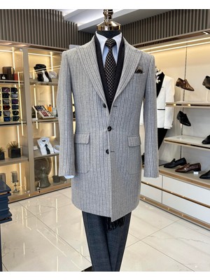 İtalyan stil slim fit sivri yaka yün karışımlı kaşe erkek kaban gri T11385