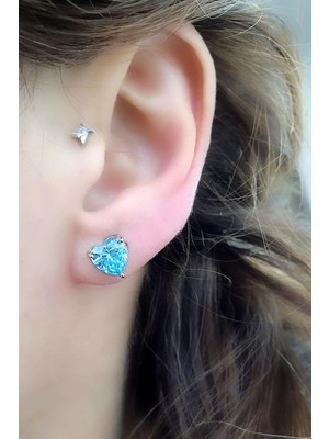 Ose Shop  Sky Diamond Blue Aquamarin 925 Ayar Gümüş Kalp Küpe