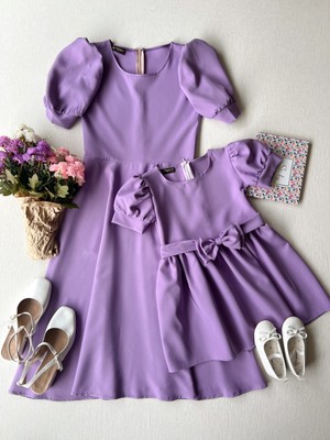 Küçüğüm Butik Karpuz Kollu Midi Boy Kloş Elbise Lila Günlük Stil Anne-Kız Kombin