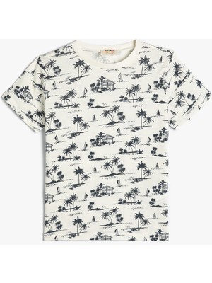 Koton Tişört Palmiye Baskılı Kısa Kollu Bisiklet Yaka Pamuklu