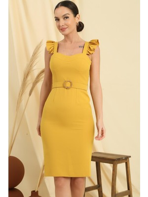 By Saygı Askıları Fırfırlı Glop Detaylı Astarllı Beli Kemerli Krep Elbise