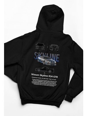 Swozz Unisex Oversize Nissan Skyline Ön Ve Sırt Baskılı Siyah Sweatshirt